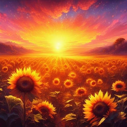 Idyllic Sunset Scene in Whimsical Style