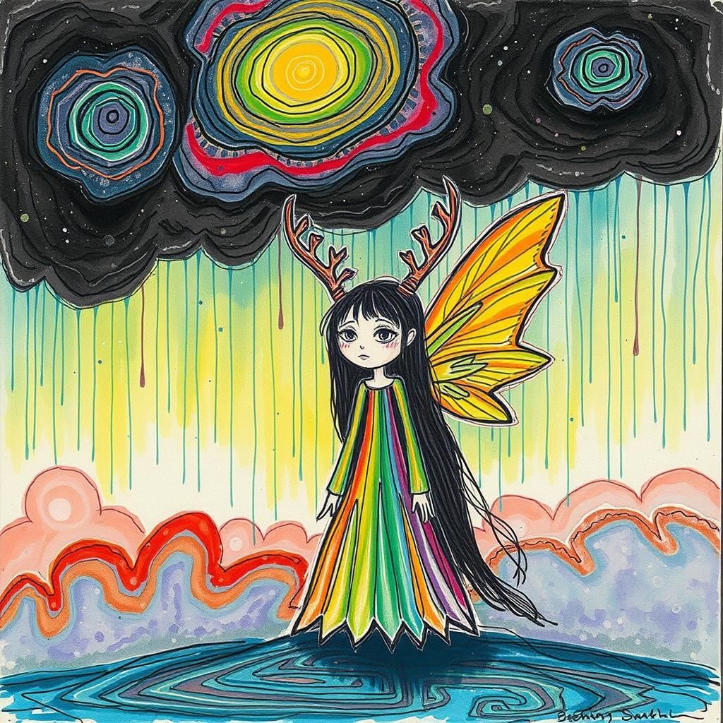 Pagan Goddess with Antlers in Crayon Style