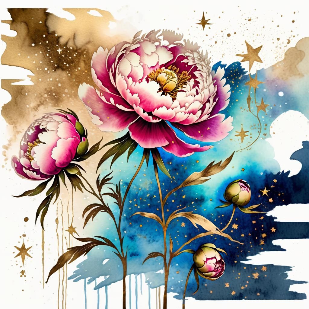Beautiful Peonies in Watercolor and Ink on Parchment