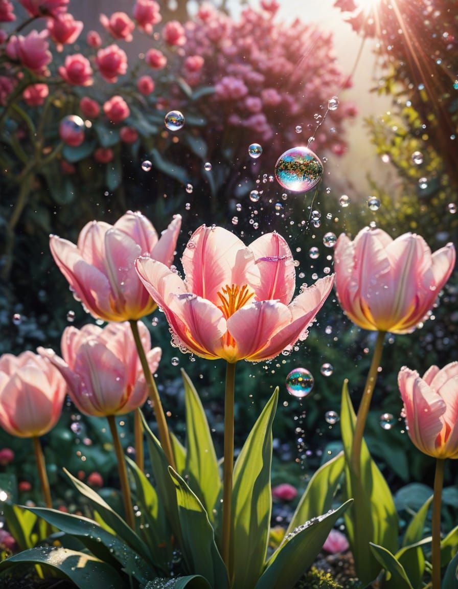 Vibrant Tulip Blooms in Whimsical Garden Scene