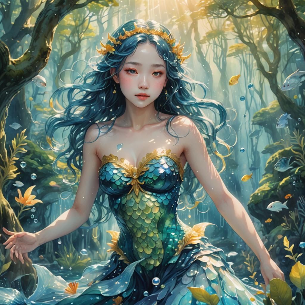 Ocean Nymph Frolicking with Mermaids in Dreamy Watercolors