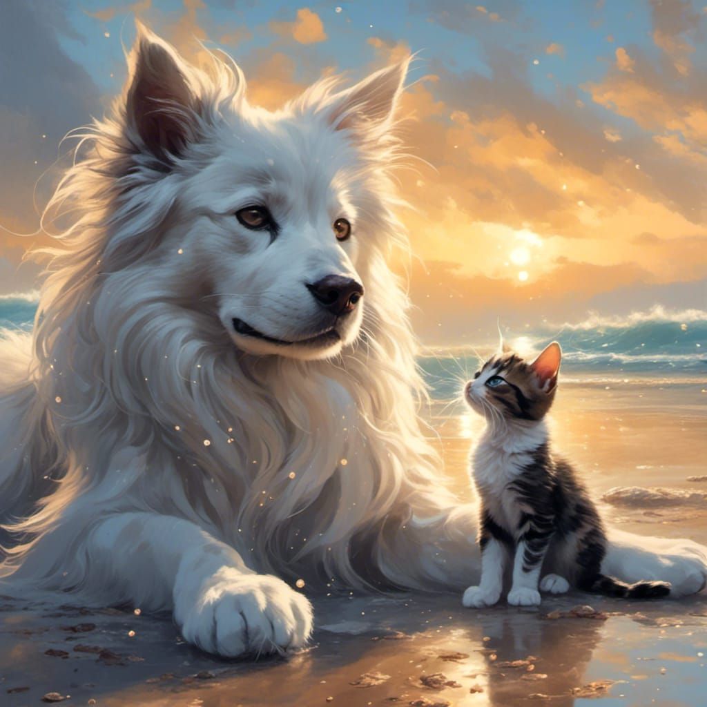 Playful Cat and Majestic Dog in Lush Meadow