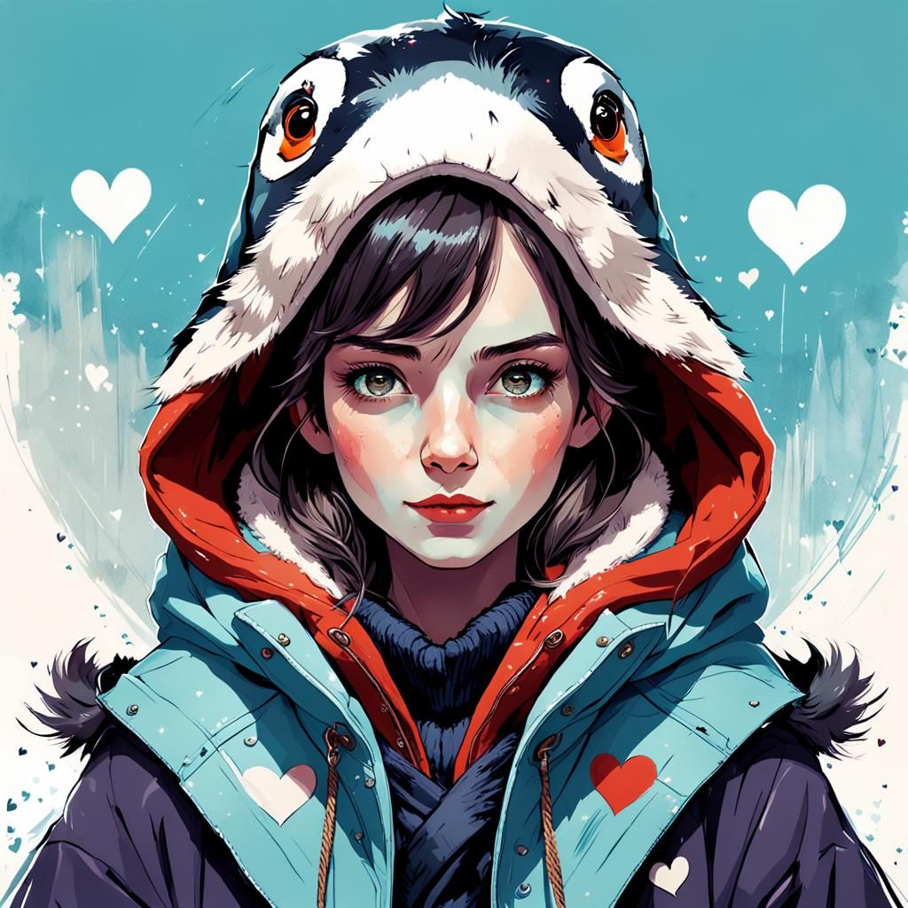 Anime Portrait of Woman in Penguin Coat, Digital Art
