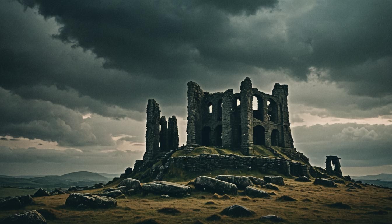 Dramatic Celtic Ruin at Nightfall: Cinematic Landscape