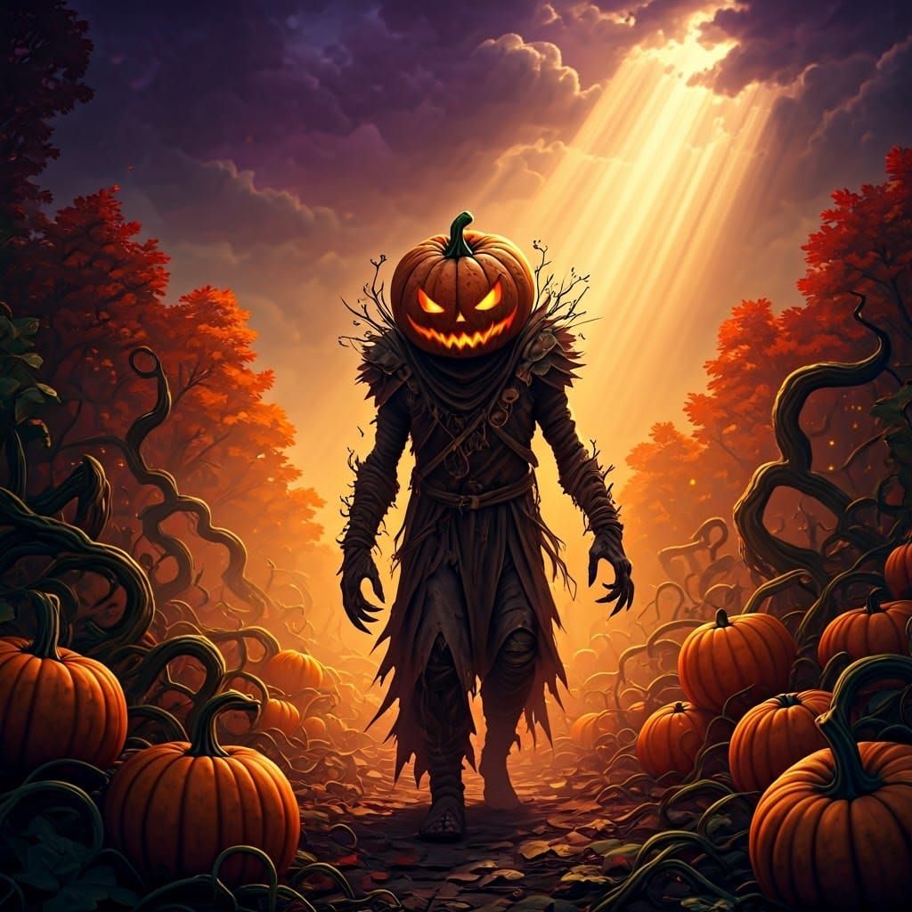 Pumpkin Head Creature in Gothic Forest, Dark Fantasy Art