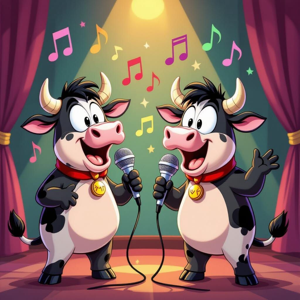 Whimsical Cows Sing Karaoke in Vibrant Cartoon Style