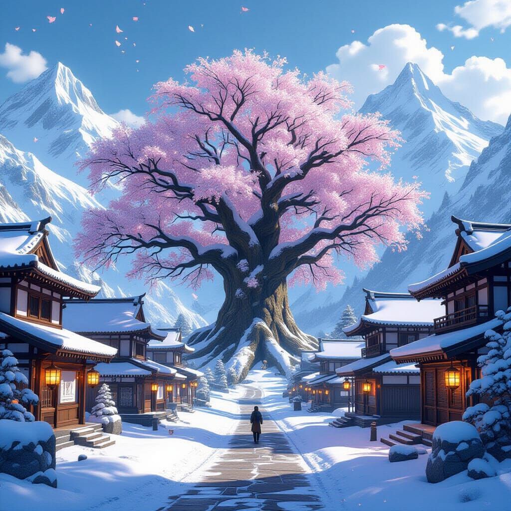 Snowy Japanese Village with Blossoms in Anime Style