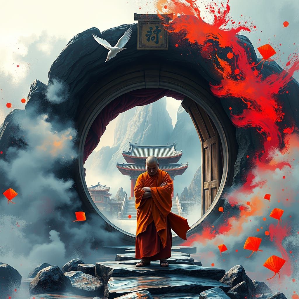 Monk Contemplates Amidst Swirling Chinese Gateway