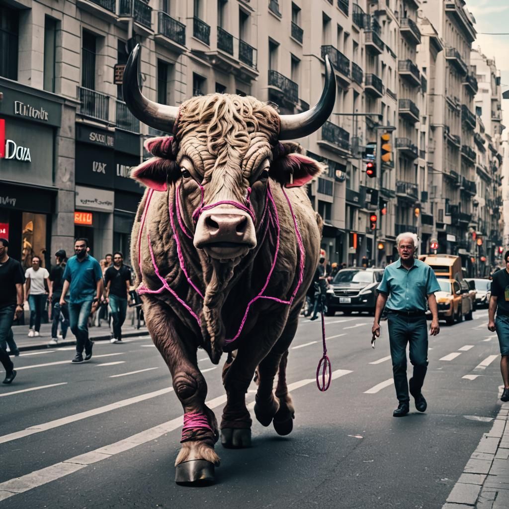 image of a large miura bull walking along Madrid's Gran Via on a rope carried by an old man