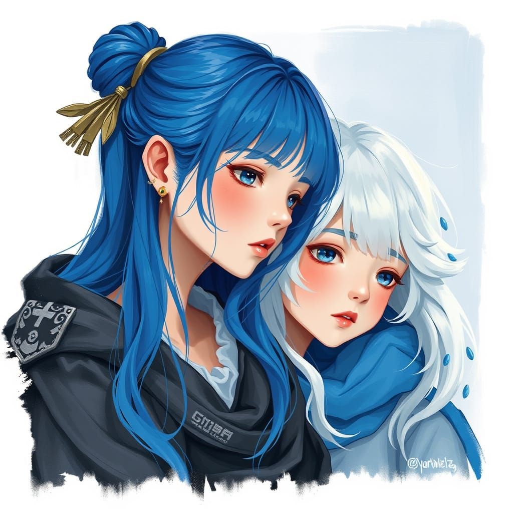 Two Girls with Contrasting Hair, Digital Art