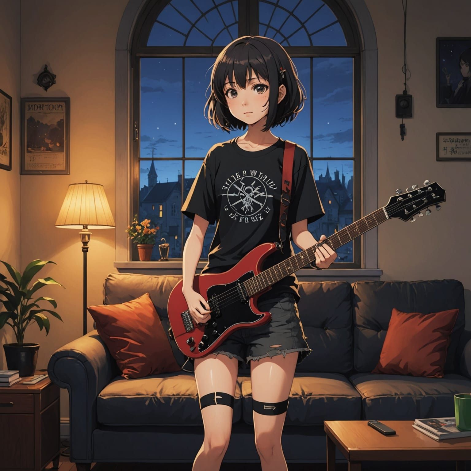Ethereal Emo Girl Plays Guitar in Twilight Anime Style