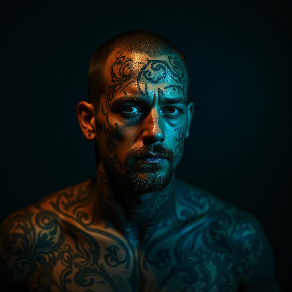 Hyper-Realistic Portrait of a Man with Swirling Tattoos in C...