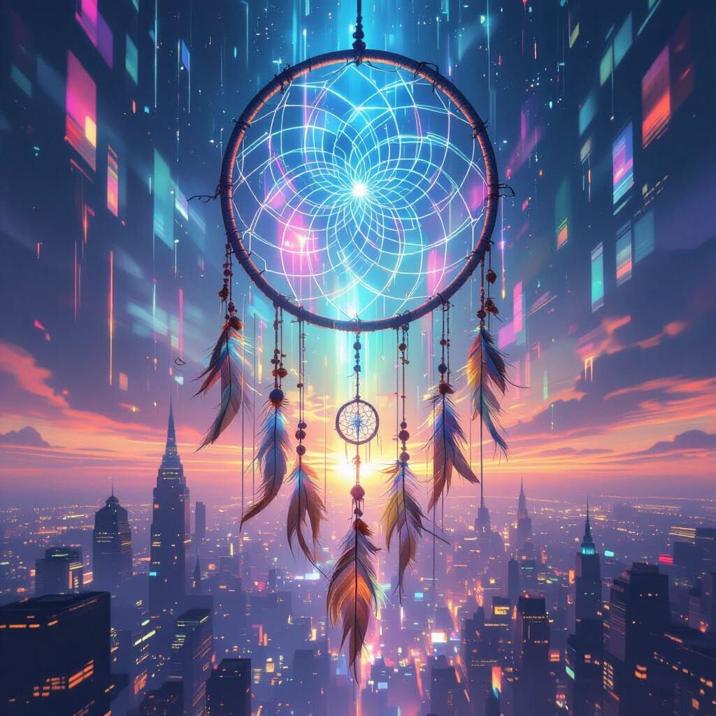 Dreamcatcher Over City in Cyberpunk Style