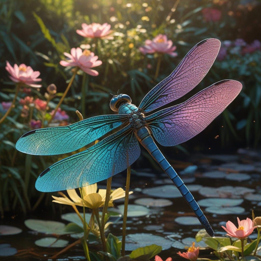 Vibrant Dragonfly in Mid-Air, Surrounded by Blooming Flowers