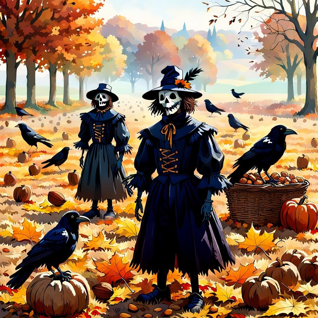 scarecrows and Ravens on a field in autumn