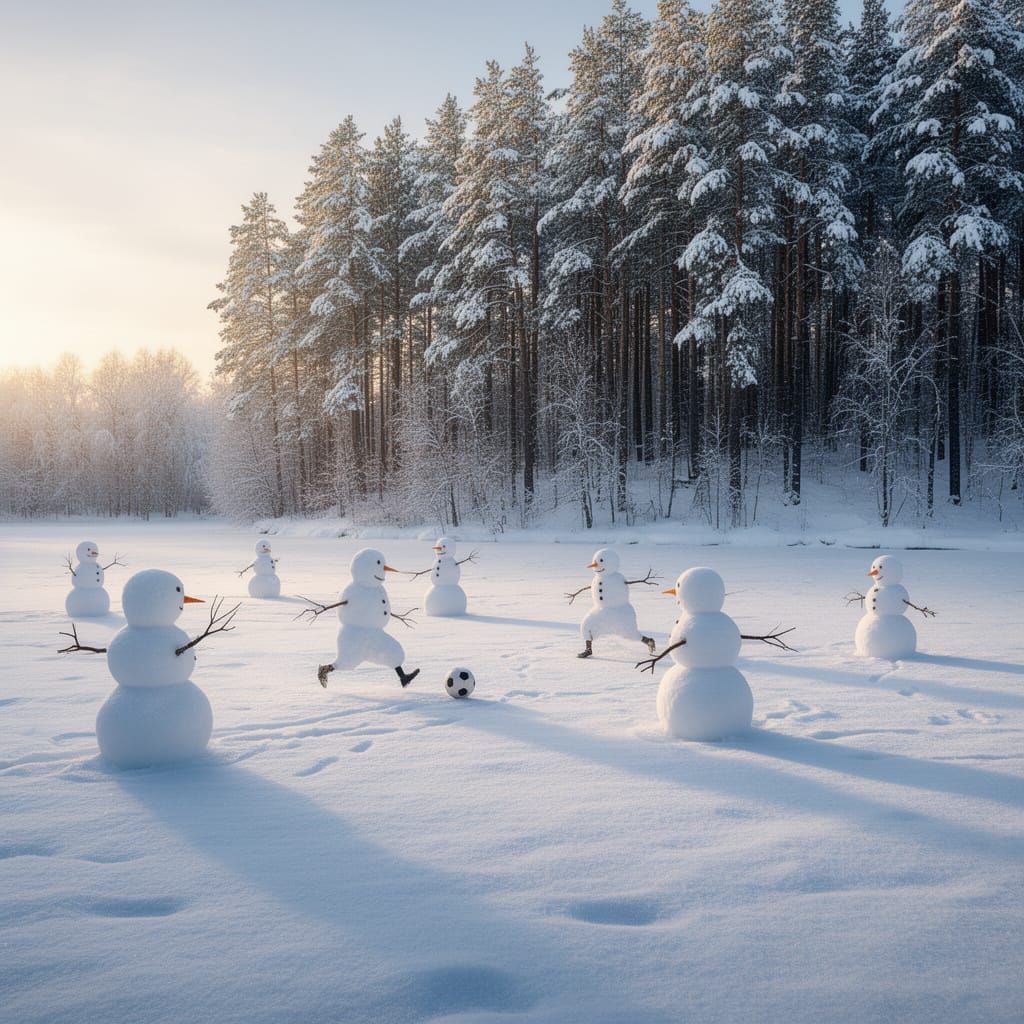 Snowmen Soccer Match in Wintry Forest Setting
