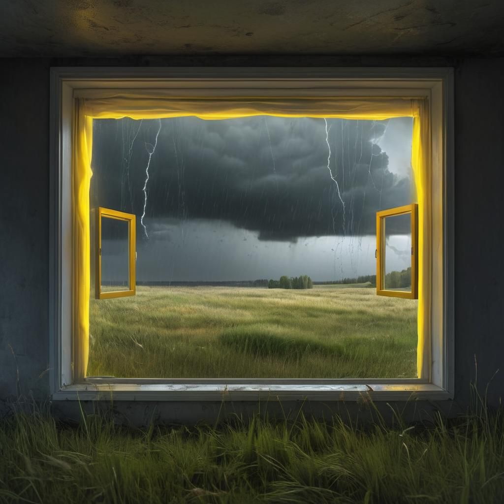 Surreal Window Merges Stormy Field and Warm Interior