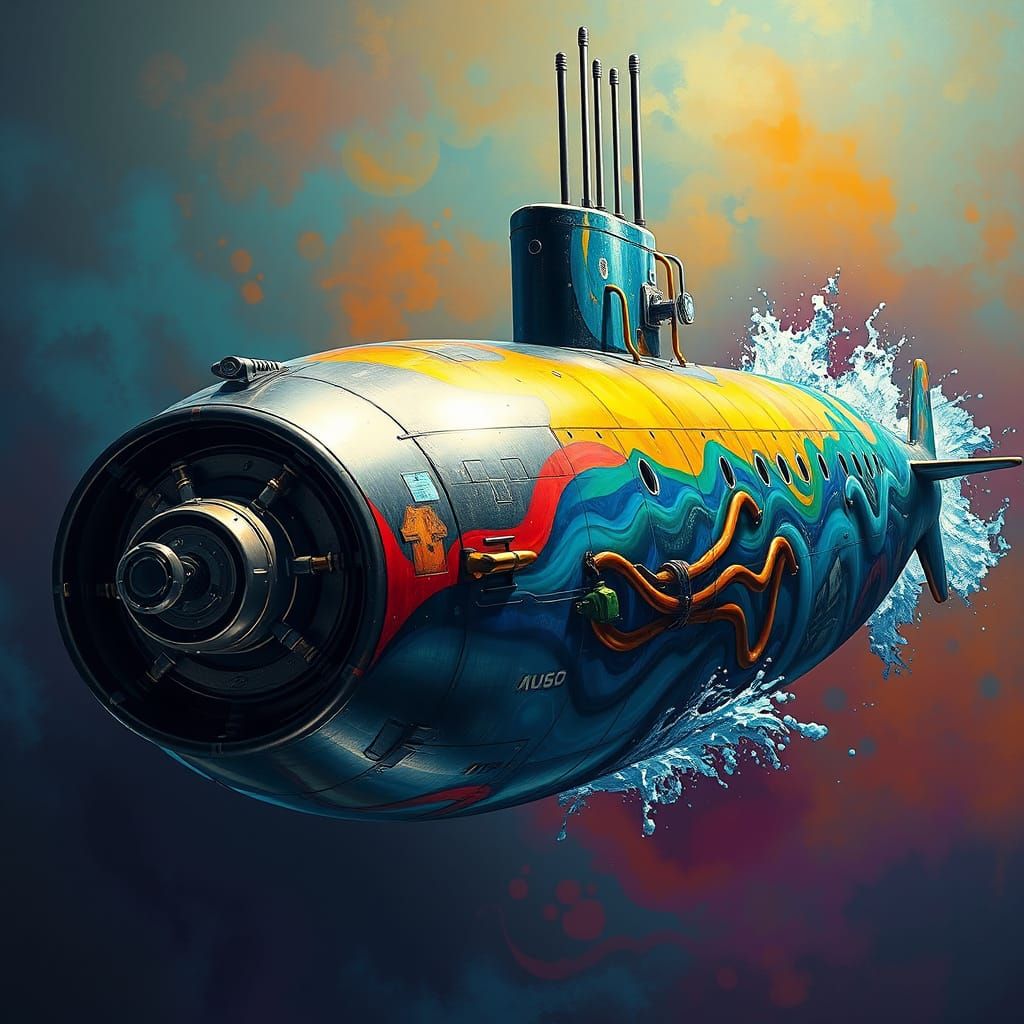 Oceanic Submarine Sucking Water, Hyperrealistic Splash Art