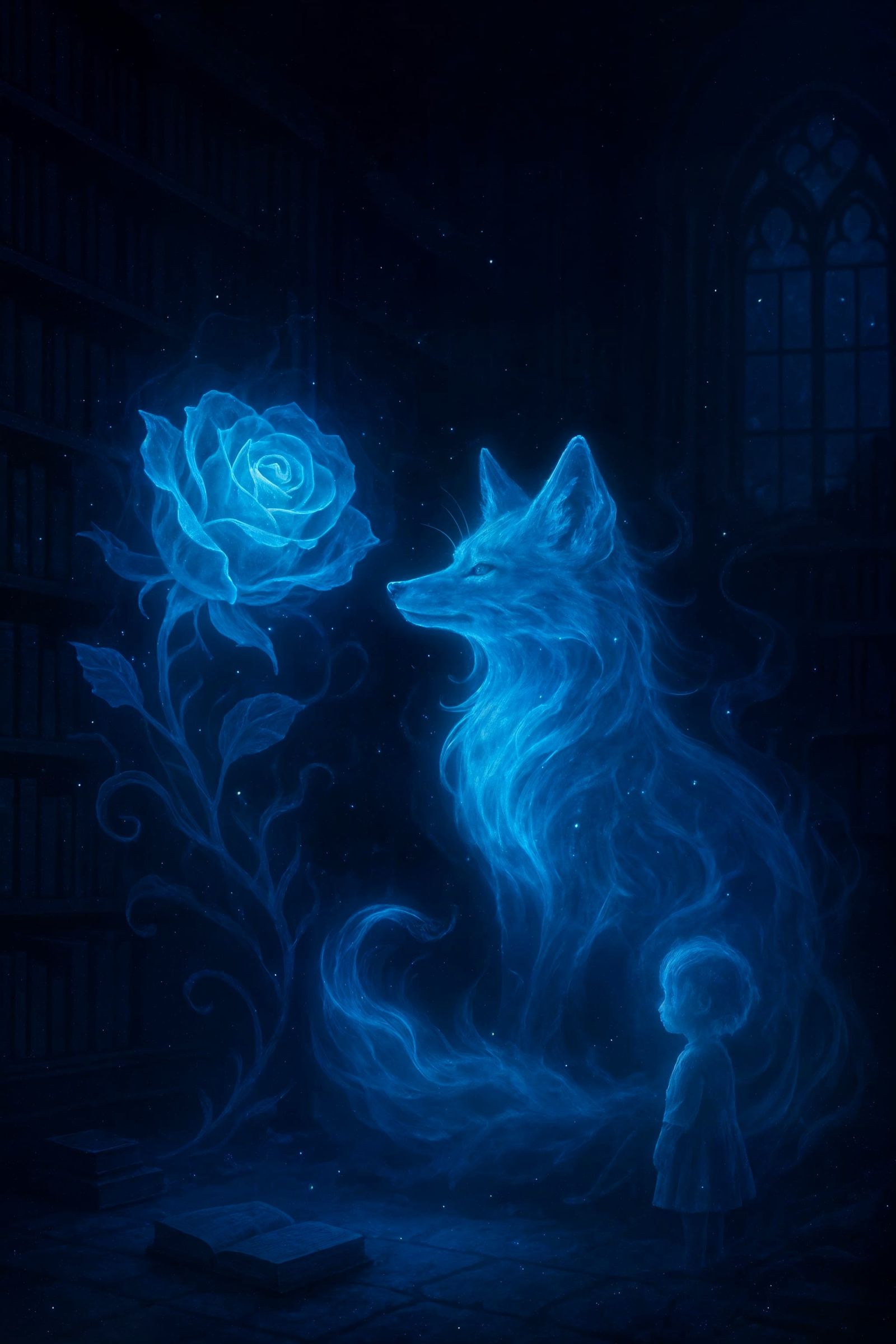 Ethereal Azure Fox Spirit in Mystic Library