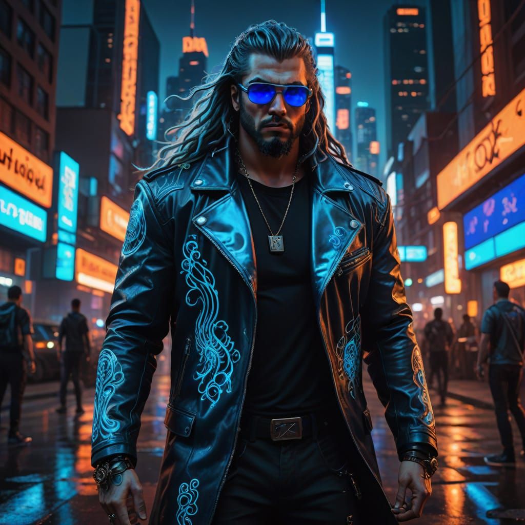 Cyberpunk Warrior with Bioluminescent Hair and Cybernetic Ta...