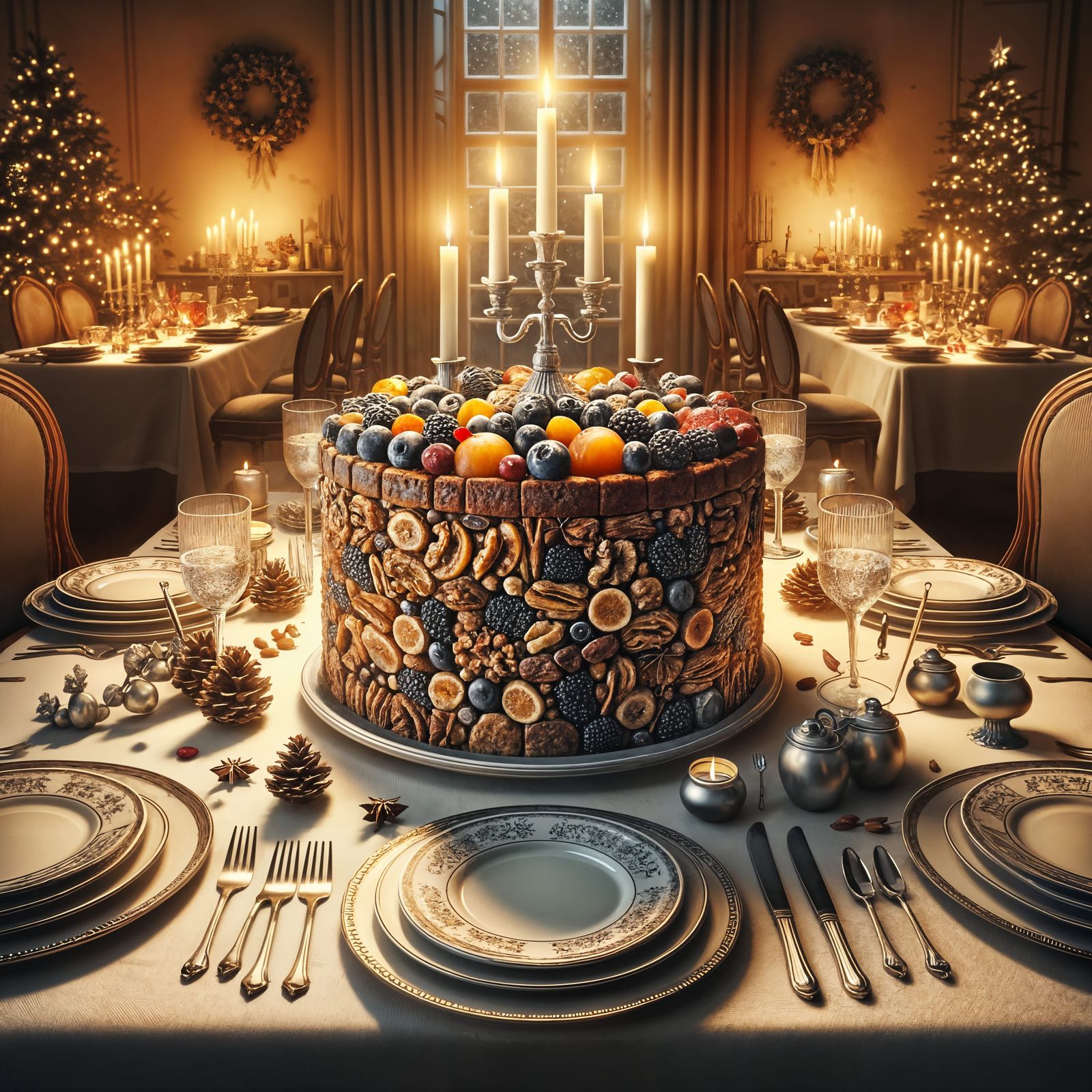 Elegant Fruit Cake Presentation in a Festive Dining Setting