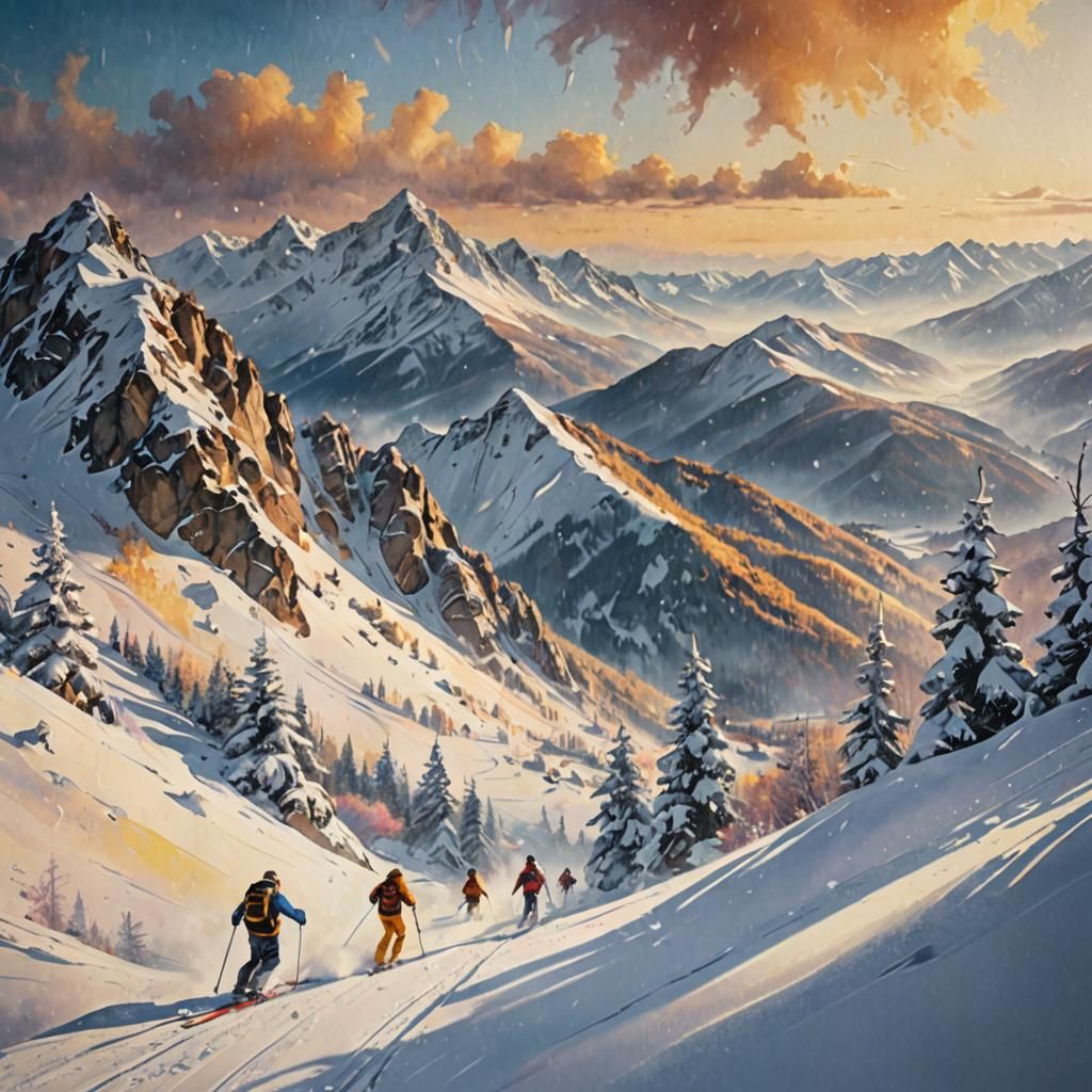 Skiers in Snowy Mountains: A Triadic Oil Painting