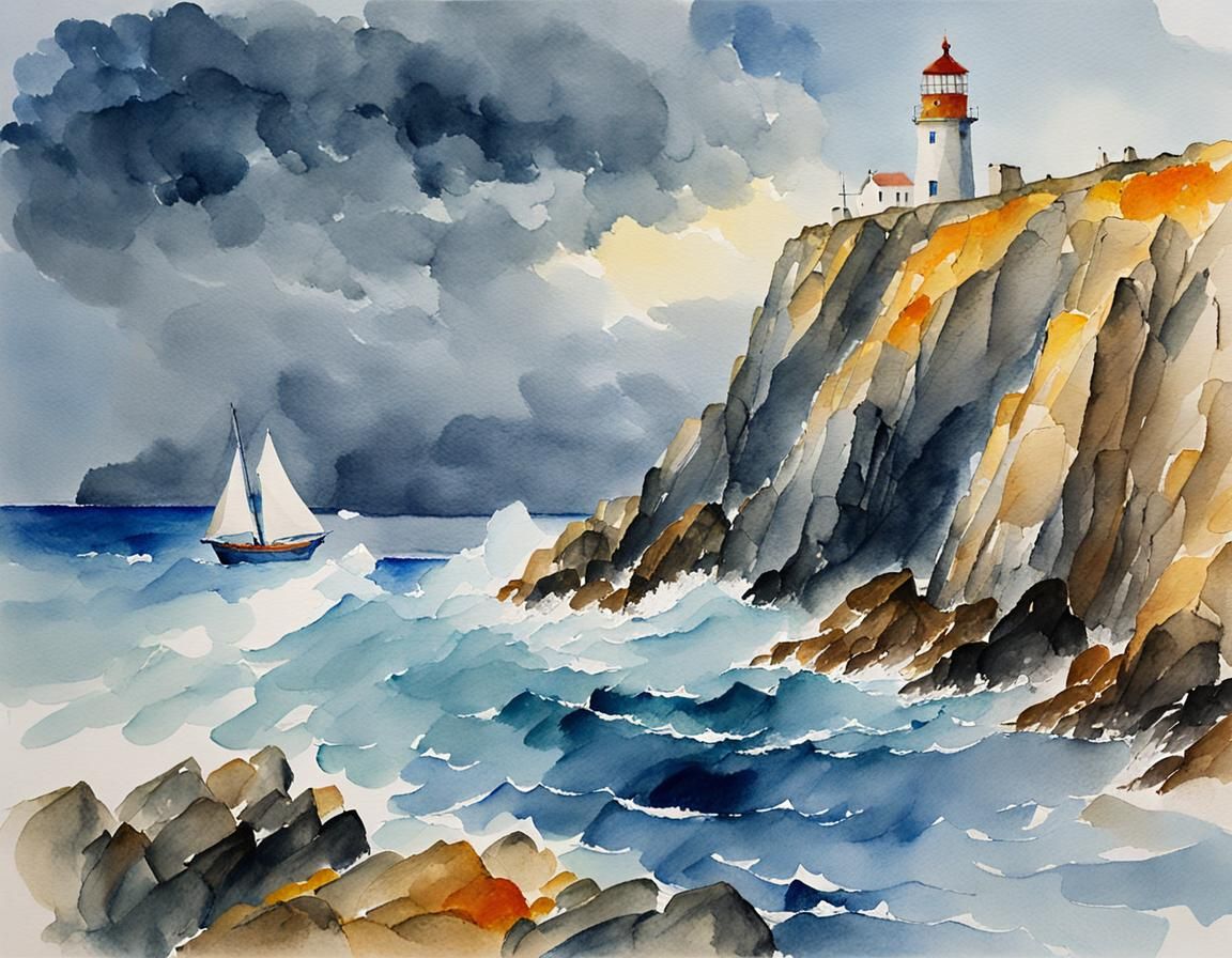 Sailboat Crashes Against Cliff in Stormy Watercolor