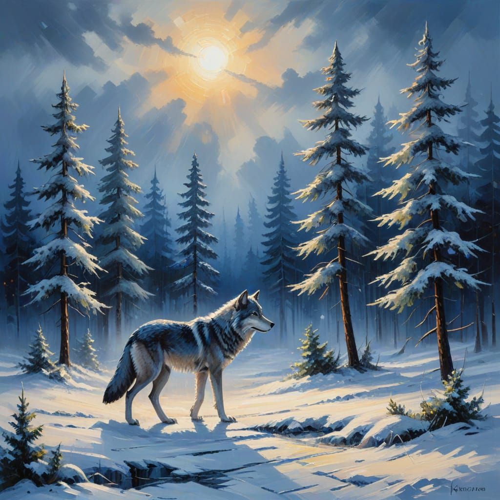 Winter Wolf in Indigo Forest: Impasto Oil Painting