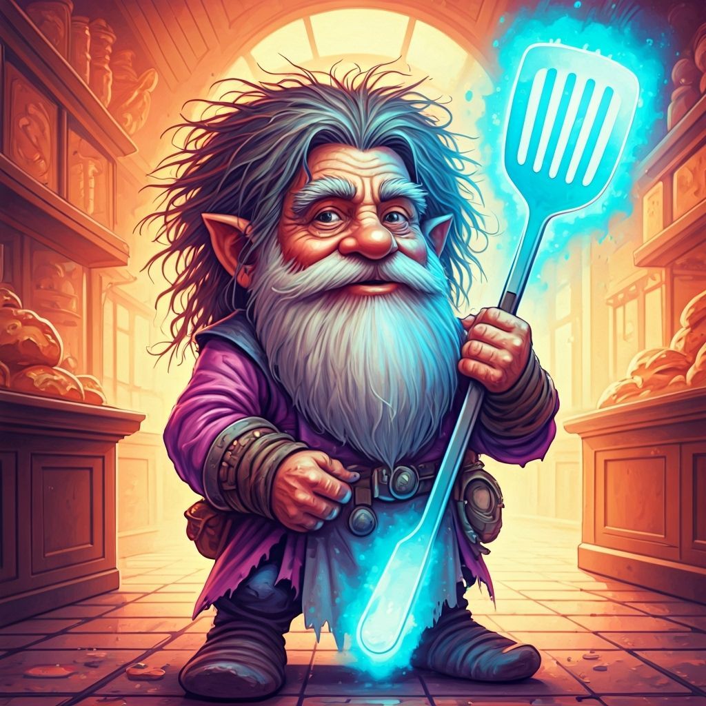 Joyful Wizard Gnome Chef Holding Neon Spatula in Bakery