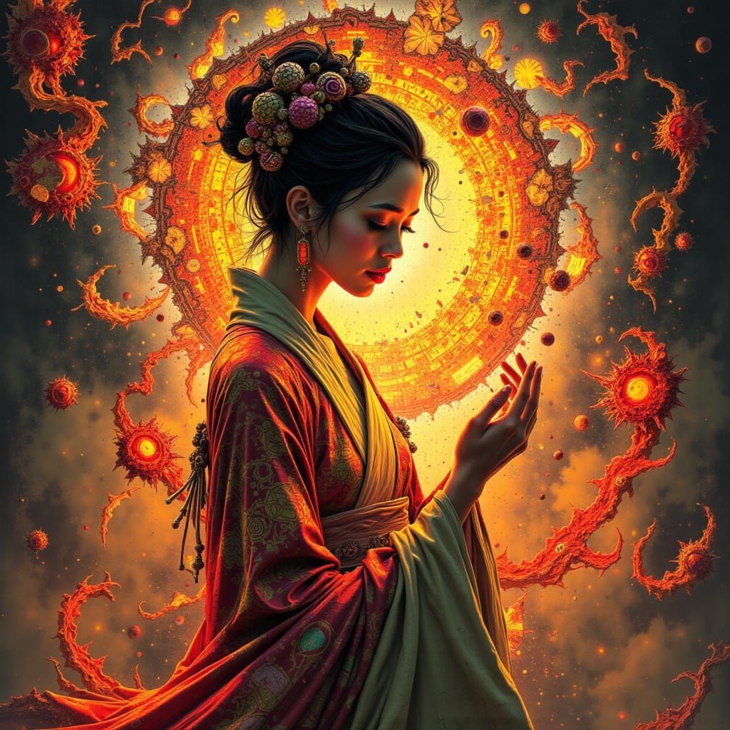 spirographing, in the style of feminine portraiture, dark orange and light gold,