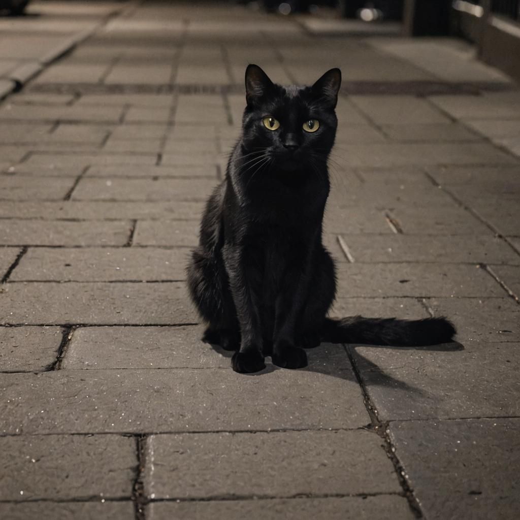 Bored Black Cat on Sidewalk at Night