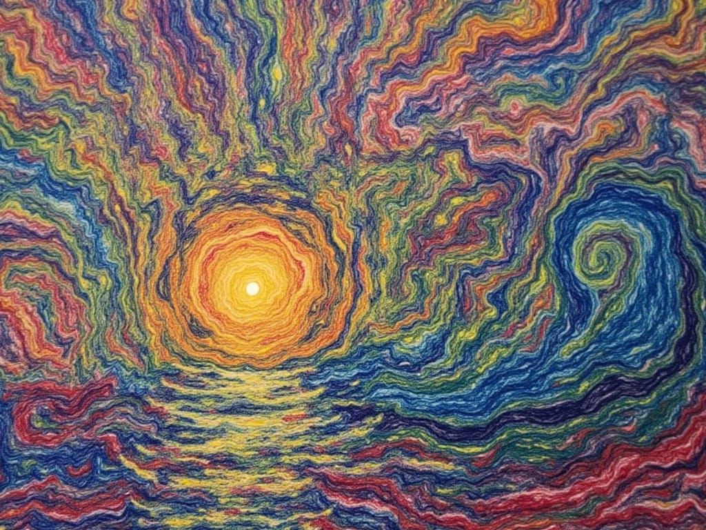 Surreal Village with Glowing Wisps and Rainbow Bridge