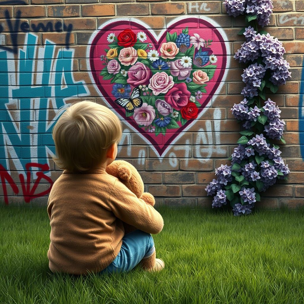 Child and Teddy Bear Admire Graffiti Wall Art