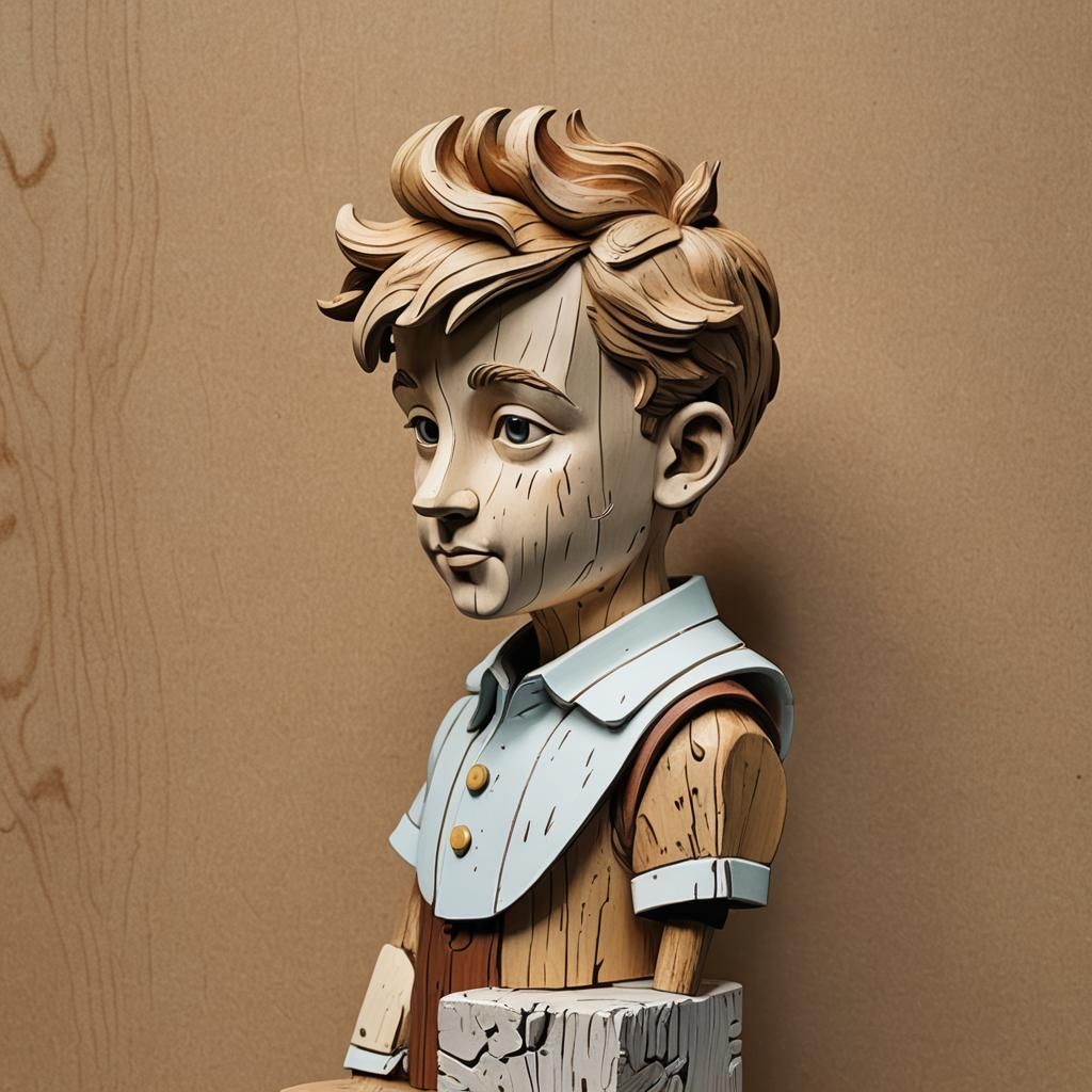 Surreal Wood Sculpture of Child's Drawing in Splash Art