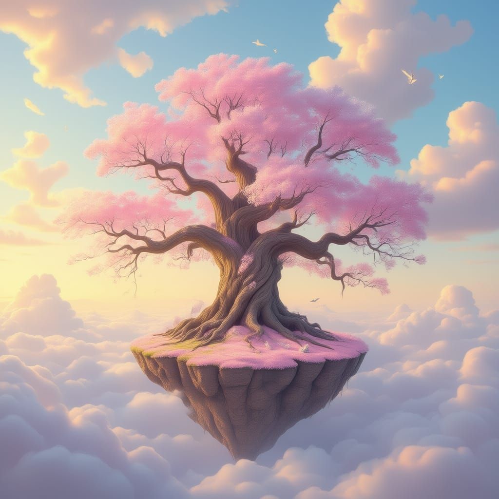 Floating Ancient Tree in Pastel Sky