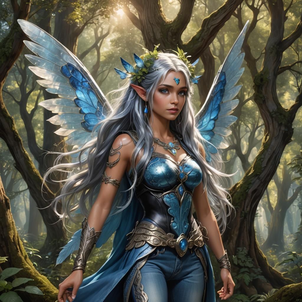 Enchanted Forest Fairy Guardian with Silver Hair