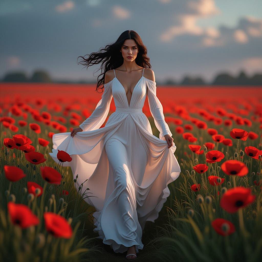 Woman in White Gown Runs Through Poppy Field