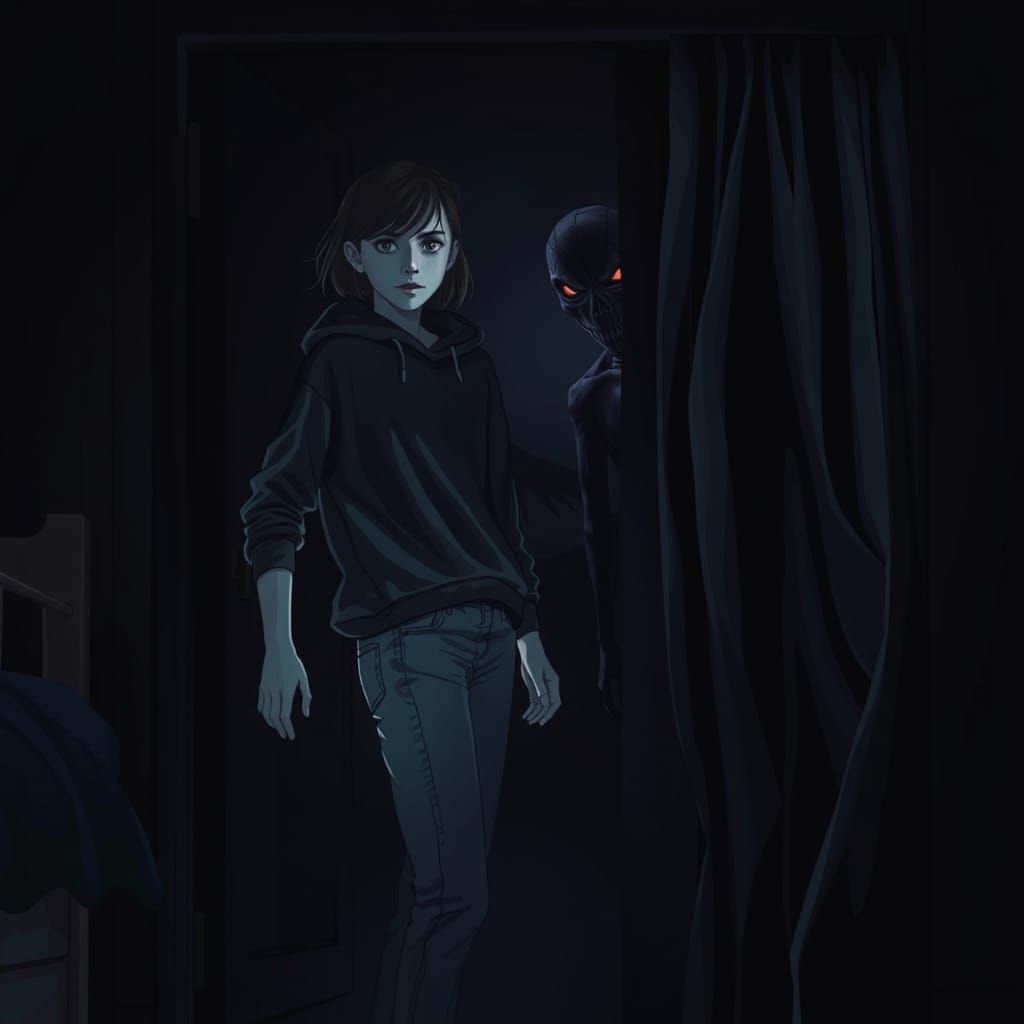 Eerie Bedroom Encounter Inspired by Beksiński and Giger