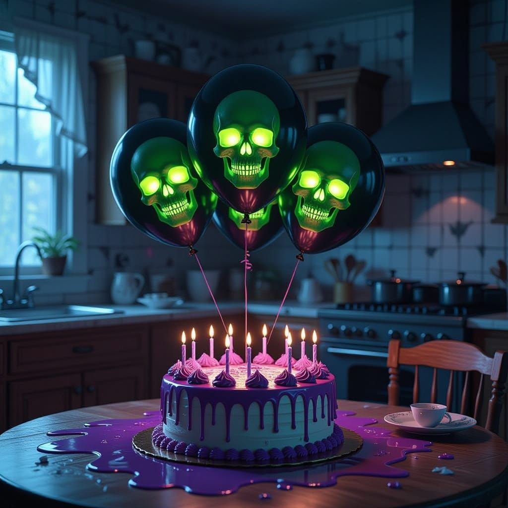 Spooky Skulls in Balloons Over Oozing Cake