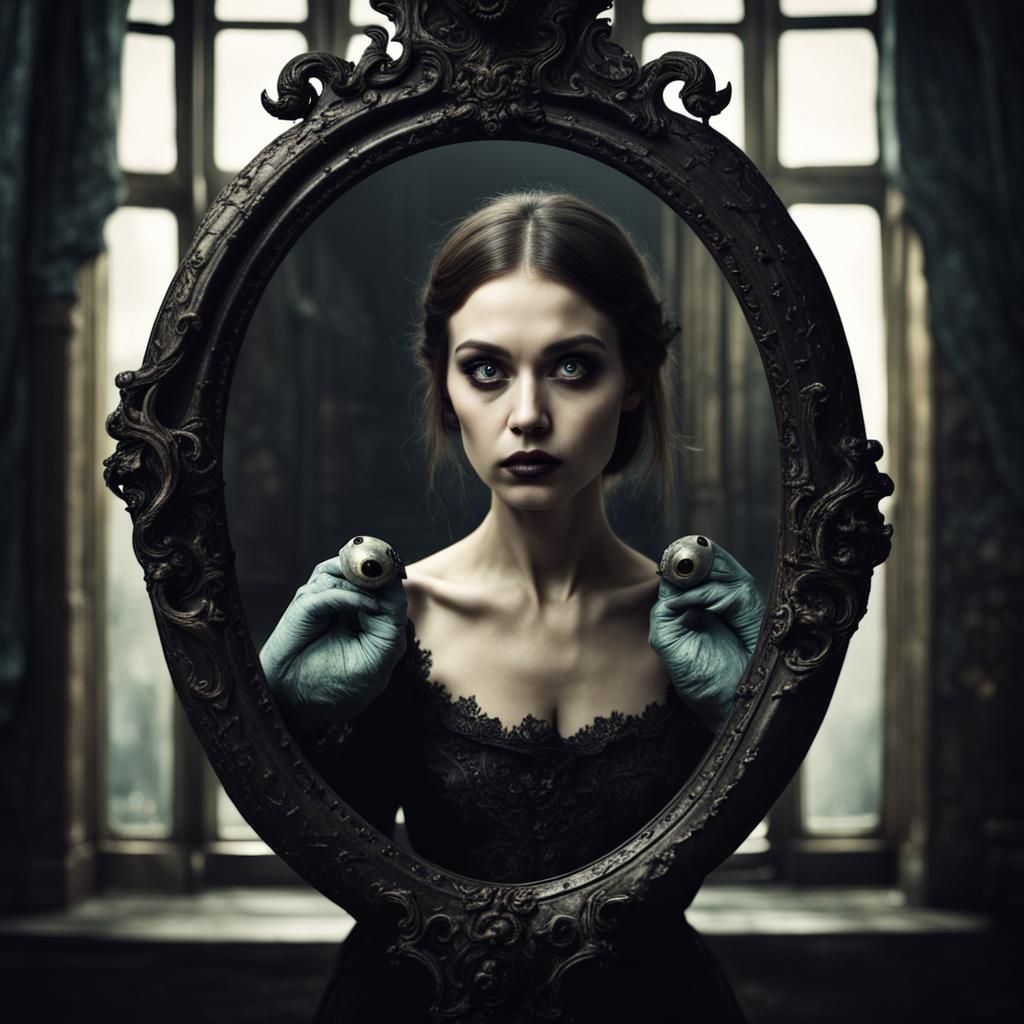 Woman Trapped in Mirror with Dark Fantasy Monster