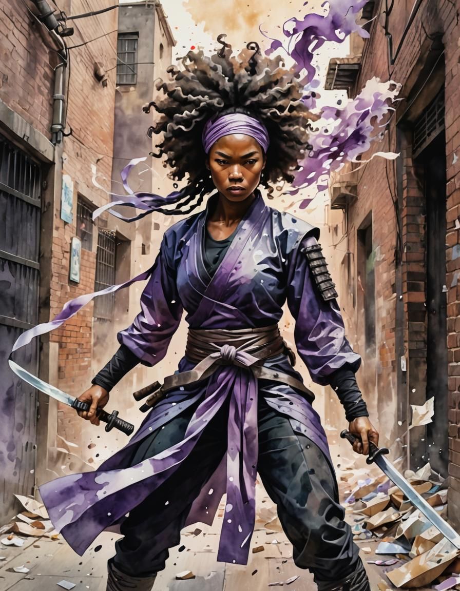 A ninja woman with a sword, with long braided hair