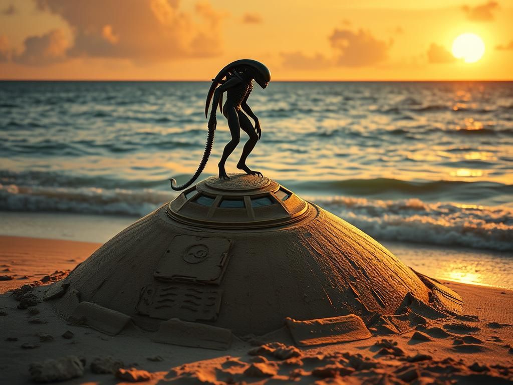 Alien Xenomorph on Sand Saucer at Sunset
