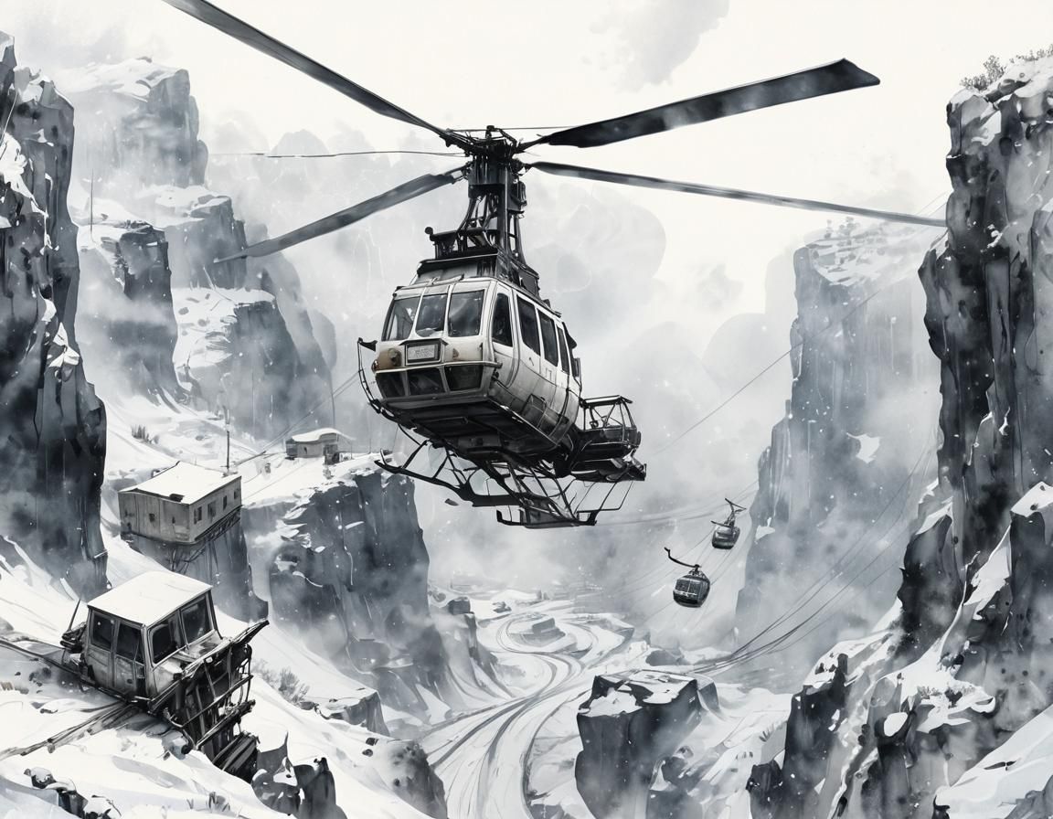 helicopter in a snowy ravine