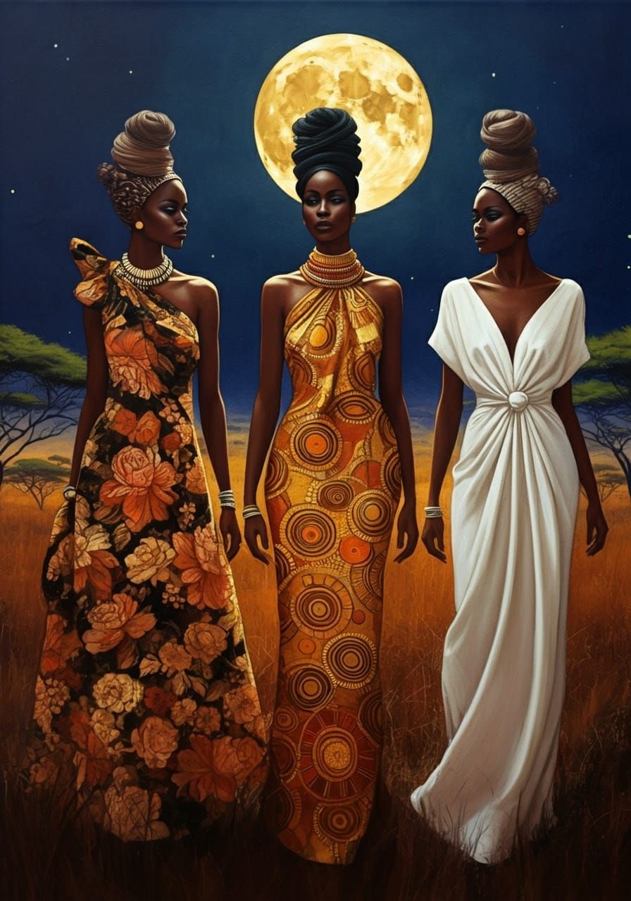 Glamorous American Women Stroll Africa Under Golden Full Moo...