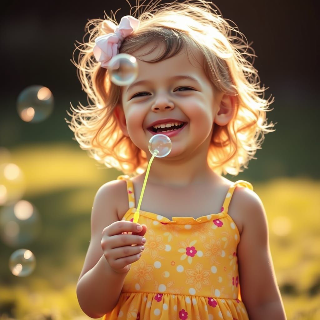 Girl Laughing and Blowing Bubbles in Photorealistic Style