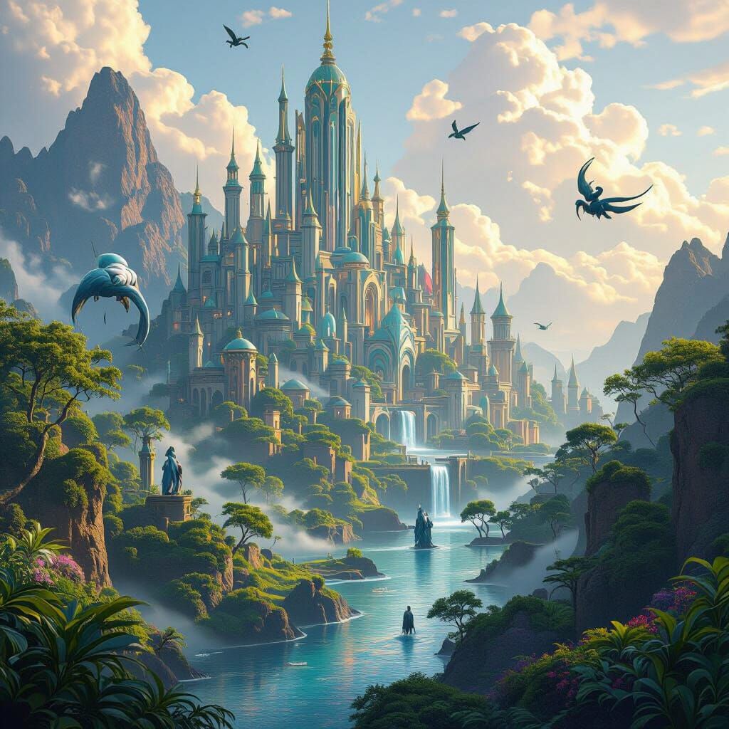 Lush Fantasy Landscape with Mystical Creatures in Matte Pain...