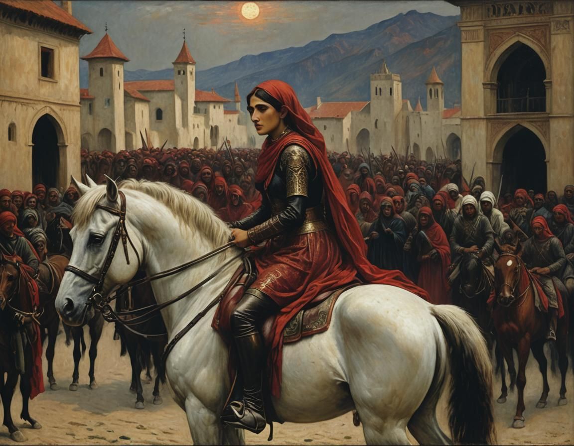 Arab Warrior Woman Leading Troop Home: Photorealistic Painti...