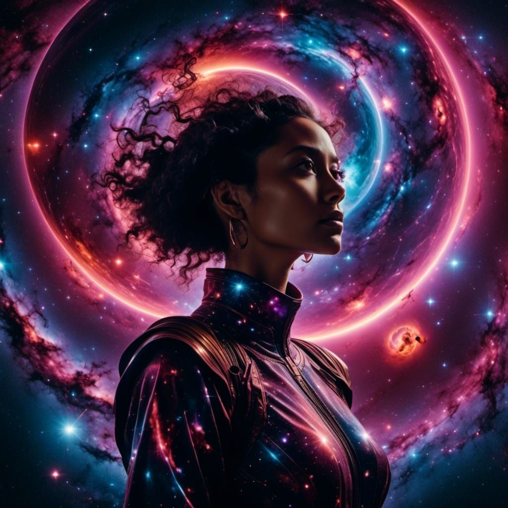 Cosmic Woman: Hyperrealistic Double Exposure Portrait