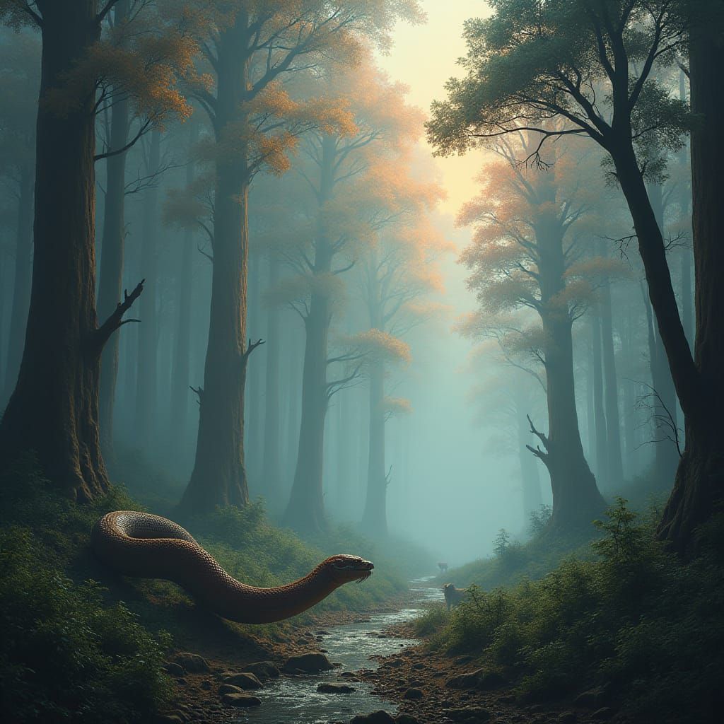 Serpent in Ethereal Forest with Battling Lions and Tigers
