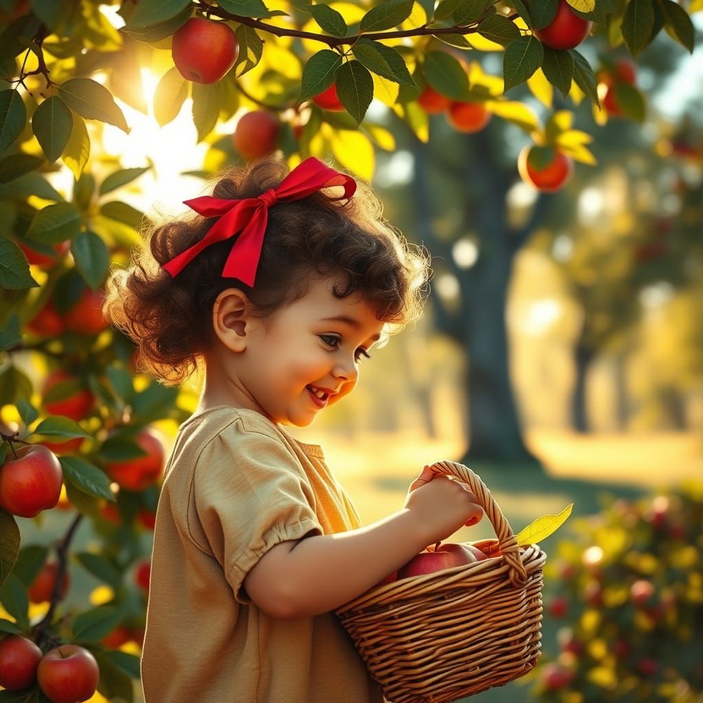 Child Picks Apples in Whimsical Autumn Scene